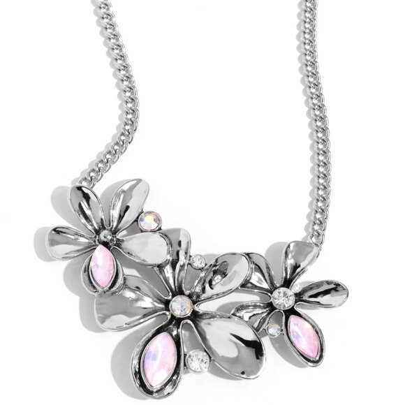 Twirling Triad Pink Necklace Silver Floral Statement Jewelry w/ Opalescent Gems - Picture 5 of 7